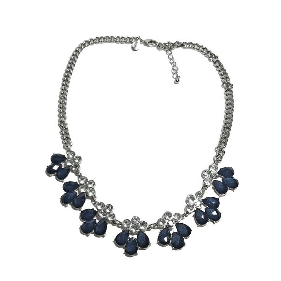 Charming Charlie Statement Necklace Navy Blue Rhinestone Crystal Silver Tone - Picture 3 of 5